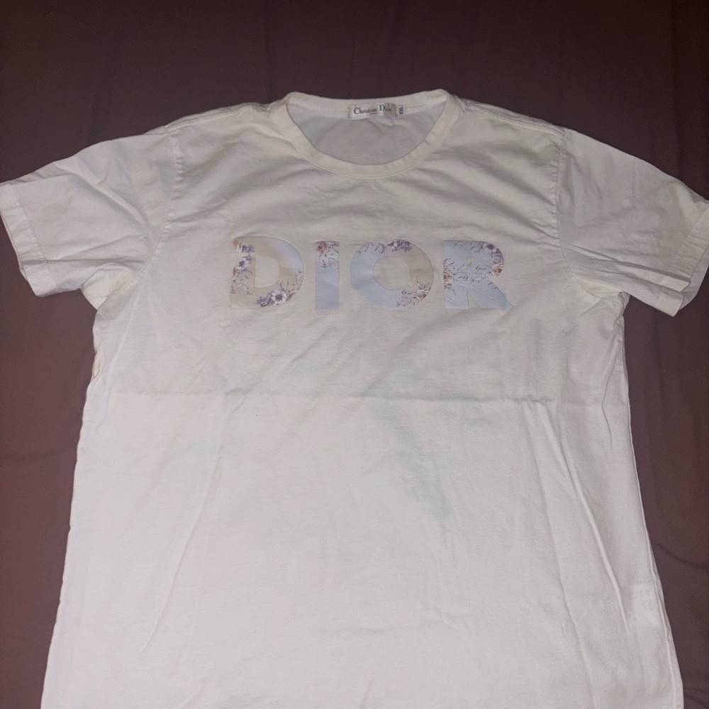 Dior White Crewneck Tee with Pastel Floral Logo Size XXL but fits L